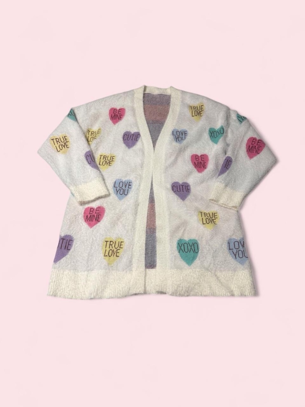 White Heart Print Open-Front Cardigan Sweater